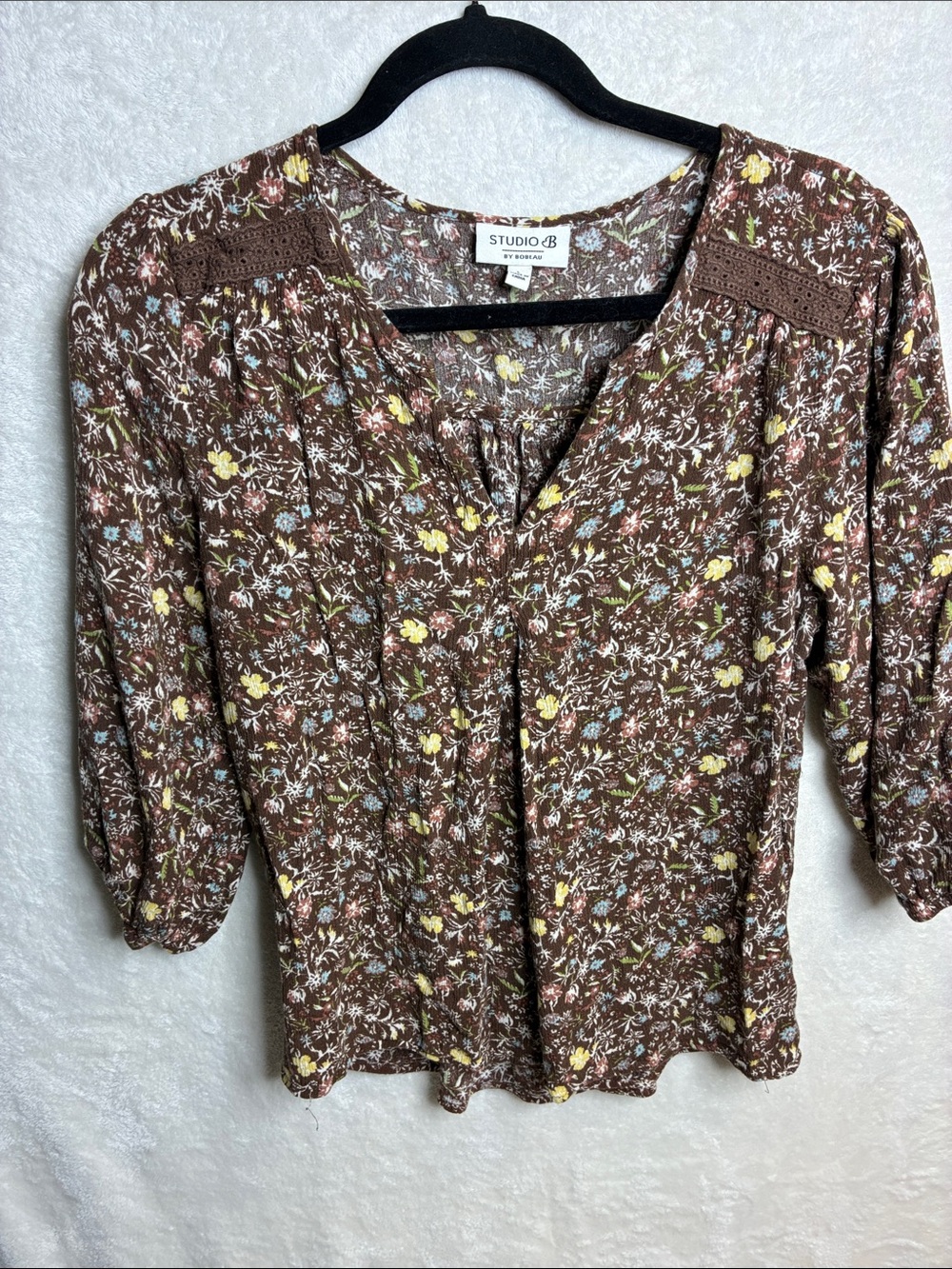 Studio B Floral Brown Crochet-Yoke Blouse